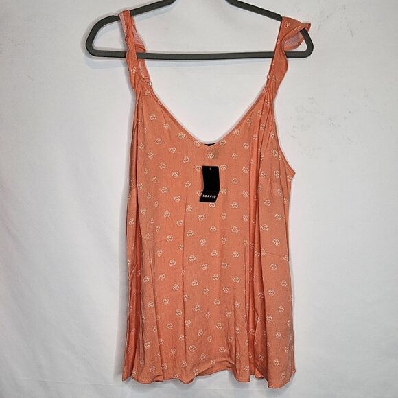 6X 30W Torrid Washable Crinkle Guaze Ruffle Strap Tank Orange Ditsy Floral patte - Picture 2 of 8